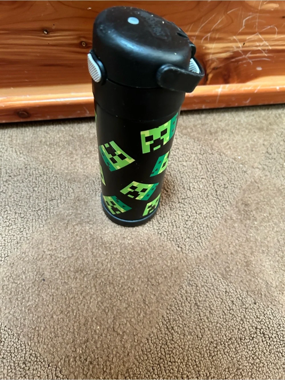 Thermos Black Water Bottle with Green Pixel Creeper Graphics